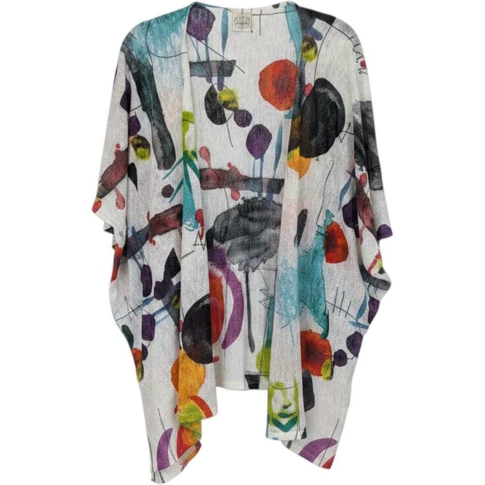 Et Lois Kimono Cardigan Women One Size White Color Abstract Artsy Open Front USA